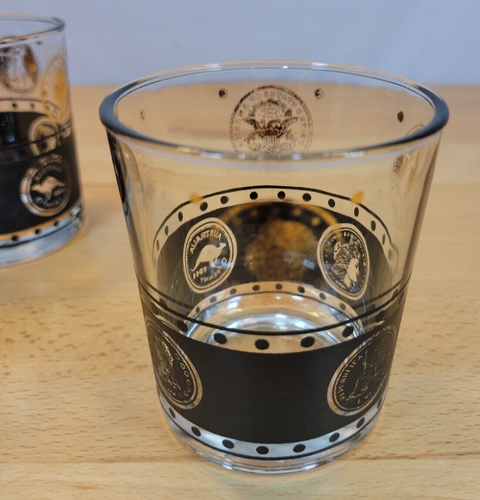 2 Vintage MCM Hazel Atlas Coins of World Black Gold Rocks Cocktail Gläser LESEN - Bild 5 von 11