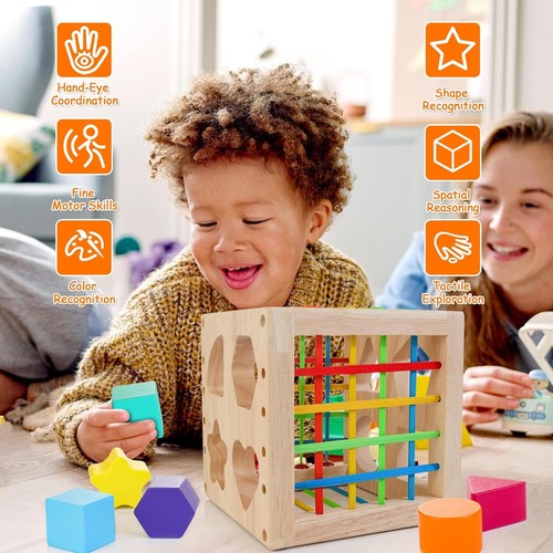 Montessori Toys for 1+ Year Old, Wooden Sorter Cube with 8Pcs Rattling Shapes, D - Picture 5 of 12