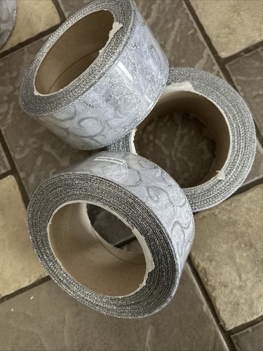 NEW SILVER RIBBON LOT 2.5" 270 FEET WIRE EDGED RIBBON SILVER SCROLL - Picture 3 of 8