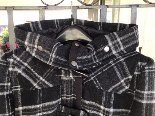 Route 66 Women’s Small Black/White Plaid Hooded Jacket Wool Blend Zip/Toggle - Picture 5 of 14