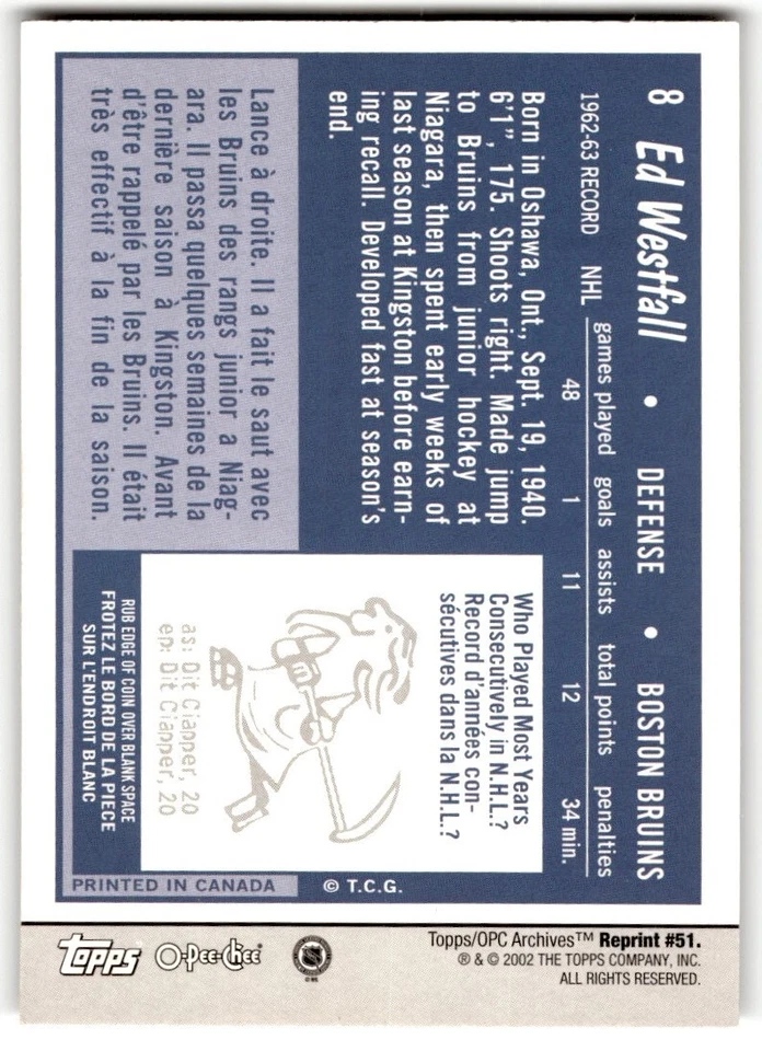 Ed Westfall 2001-02 Topps / O-Pee-Chee Archives #51 Boston Bruins - Image 2 of 2