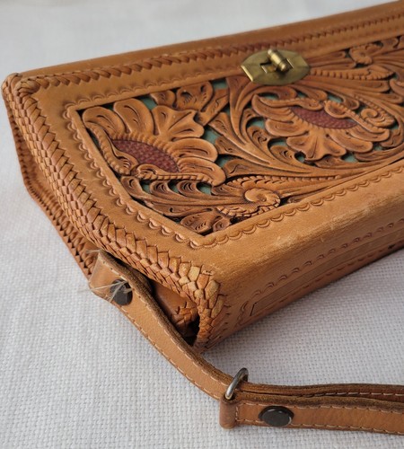 Purse Hand Tooled Leather Floral Cutout Turquoise BoHo Western RockaBilly - Picture 3 of 23
