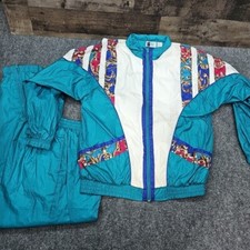 VTG Bold Spirit Track Suit Women M Aqua W/ Stripes Jacket  Pants 90s
