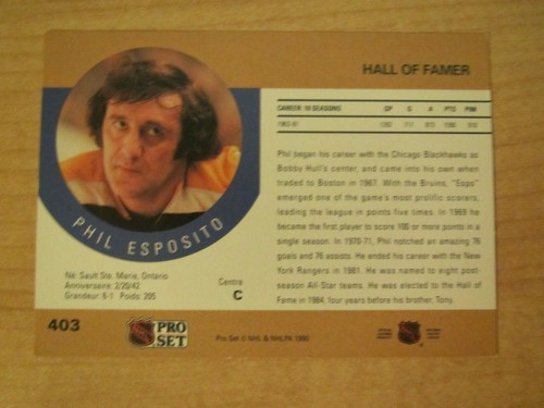 1990-91 Pro Set Serie 1 Salón de la Fama del Hockey Phil Esposito #403 Boston Bruins - Imagen 2 de 2