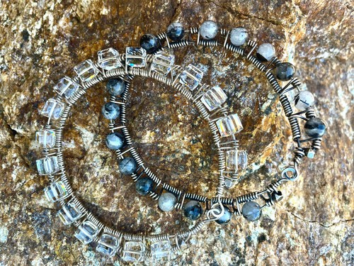 2 Large Sterling DOUBLE Wire Wrap Bangle Crystal & Black Jasper Beads 9.5 Inch - Picture 1 of 6