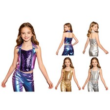 Kids Girls Crop Top Dance Tank Top Cha-cha Crop Vest Sequins Disco Zip-up Jazz