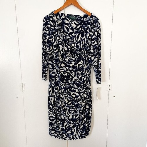 NWT Lauren Ralph Lauren Elsie Wrap Jersey Dress Ink Abstract Blue White, Size 14 - Picture 2 of 12