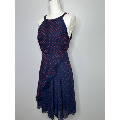 Eva Franco Maryanne Dress in Navy Red Dot Size 6 Halter Ruffle Skirt Back Cutout - Picture 7 of 12