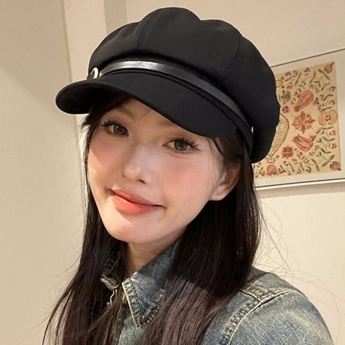 Korean Style Octagonal Hat Leather Buckle Painter Hat Retro Black Beret Ladies - Picture 8 of 12
