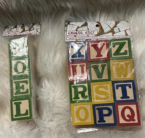 Vintage Wooden Expressions Alphabet & Noel Wood Blocks 1”x1” Craft Taiwan NOS - Picture 1 of 8
