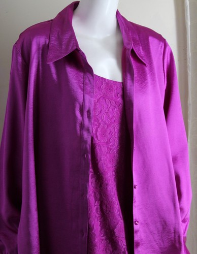 NWT Susan Graver TWINSET 2X BRIGHT MAGENTA Satin Tunic Shirt & LACE Shell Tank - Picture 8 of 15