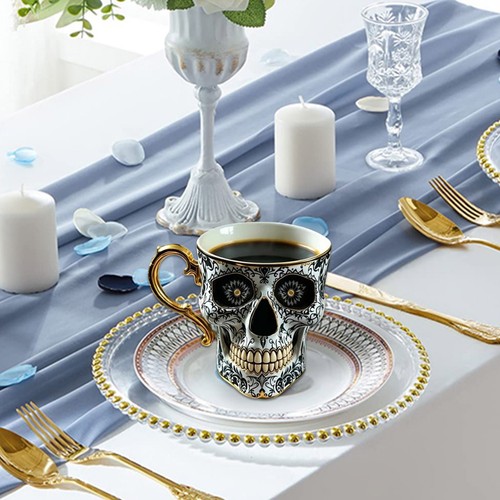 Royal Skull Kaffeetasse, Totenkopf Kaffeetasse mit Untertasse Set, Gothic Porzellan Teetasse - Bild 4 von 9