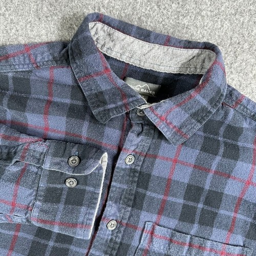 Eddie Bauer Mens Large Flannel Shirt Long Sleeve Plaid Button Up Navy Blue Red - Picture 1 of 7