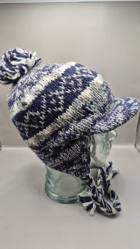 BNWT Black Yak Handmade In Nepal Peak Bobble Hat Blue/ Grey One Size - Picture 2 of 6