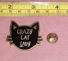 CUTE Crazy Cat Lady Cat Head Black Enamel Gold Tone Jacket Lapel Pin