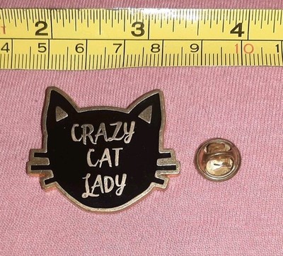 CUTE Crazy Cat Lady Cat Head Black Enamel Gold Tone Jacket Lapel Pin