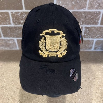 Kbethos VTG Dominican Shield & Flag Black Hat Metallic Gold Color Distressed NWT