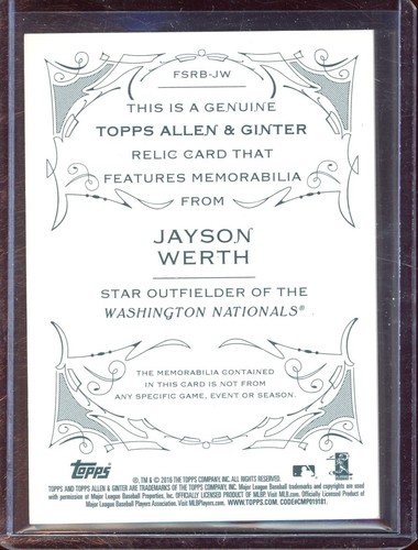 2016 Topps Allen & Ginter Jayson Werth Jsy #FSRAAJW - Picture 2 of 2