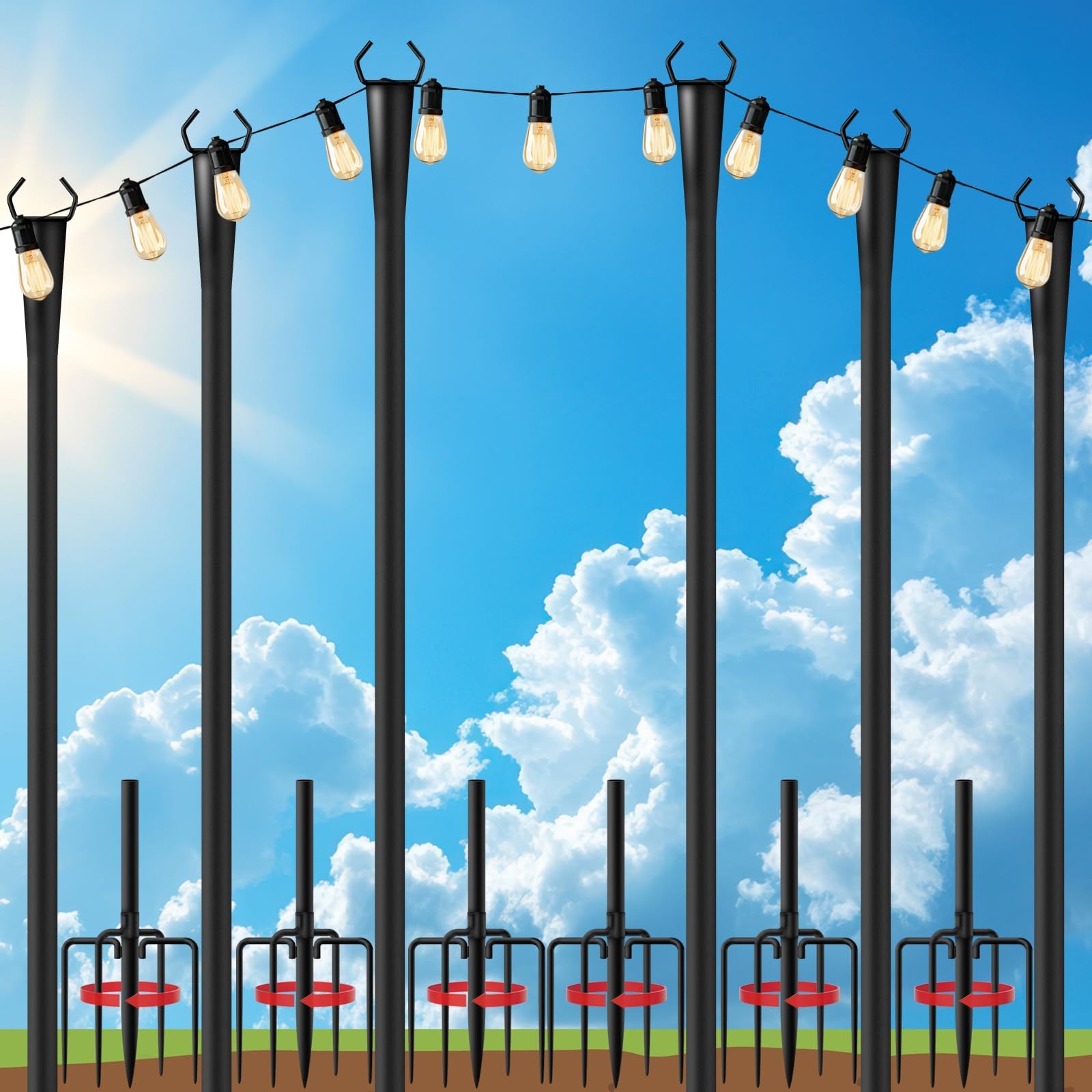 6 Pack 10Ft String Light Poles for Outside, Metal Outdoor Light Poles with 5 ...