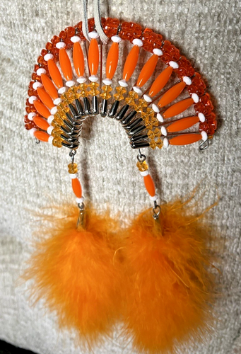 Native American Beaded Indian Headdress w/ Feathers Hand Made Orange and White - Picture 2 of 6
