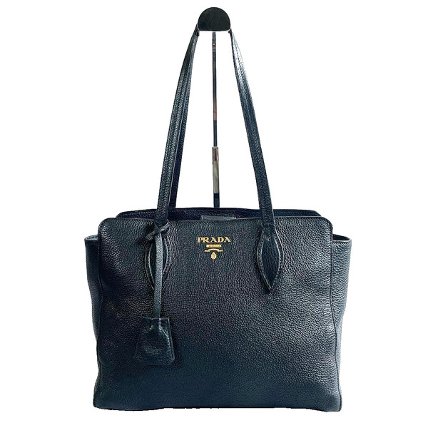 PRADA Leather Tote Bag Shoulder Bag Navy Vitello Phenix Gold Tone Logo Auth