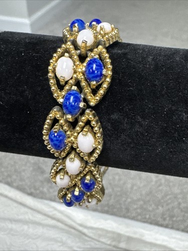 Vintage Panetta signiert goldfarbene Glieder 7" Armband Kunstkoralle blau Lapislazuli - Bild 2 von 12