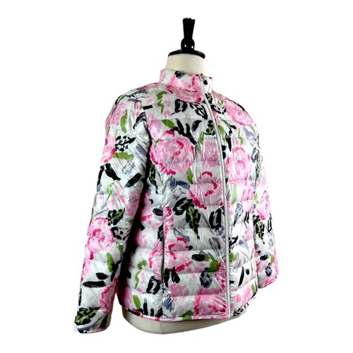 Lands’ End Women’s Quilted Puffer Jacket White Gray Pink Floral Size 0X 14W - Picture 3 of 14