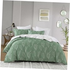 Leaves Duvet Cover Set King - 100 Cotton Sage King  104"x90"  Green, White