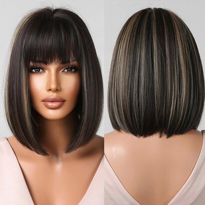 White Synthetic Wigs for Women Short Bob Wigs with Bangs Natural Looking Fake Ha
