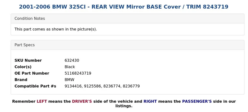 BMW 325CI 2001-2006 - Cubierta base espejo retrovisor / moldura 8243719 Foto 4 de 4