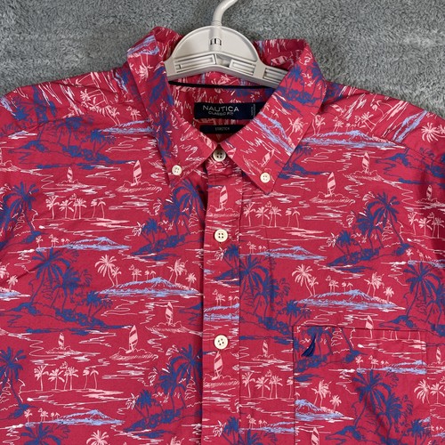Nautica Shirt Mens XL Red Blue Surfer Beach Palm Tree All Over SS Stretch Tiki - Picture 2 of 9