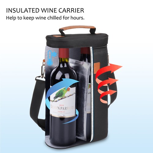 Insulated 2 Bottle Wine Bag Wine Cooler Protection Carrier Tote Bag Travel - Picture 2 of 8