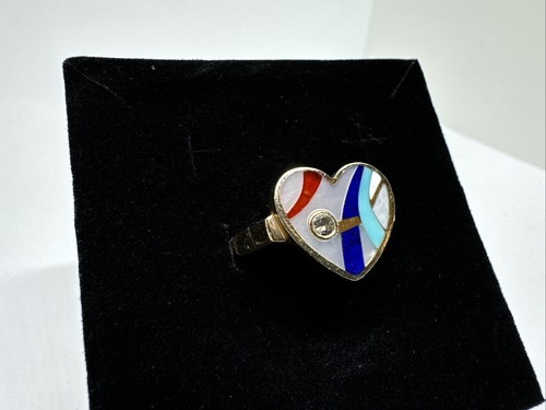 14k Yellow Gold Inlay Lapis, Turquoise Diamond Heart Ring MOP, Size 7, ASH - Picture 2 of 16