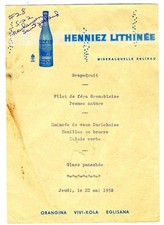 Newhausen Switzerland Restaurant 1958 Menu Henniez Lithinee Mineral Water Sheet