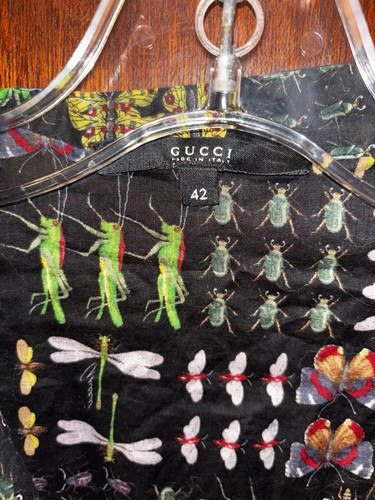 GUCCI Women's Sheer cotton Bell Sleeve Collared shirt w Insect pattern Size 42 - Picture 2 of 3