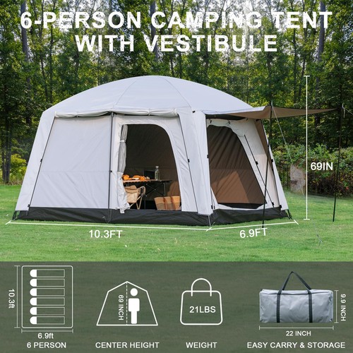 4-6 Person Camping Tent, Large Family Cabin Tents with Porch & Rainfly, Doubl... - Picture 2 of 9