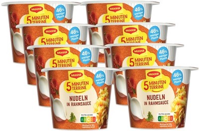 Maggi 5 Minuten Terrine Nudeln in Rahmsauce, leckeres Fertiggericht (8 x 61g)