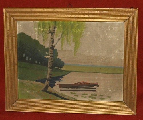 Vintage impressionist gouache painting lake landscape - Picture 3 of 10