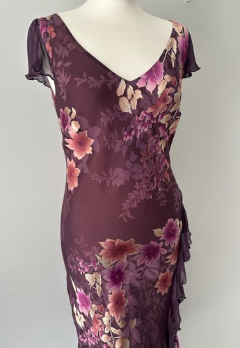 Monsoon Purple Pink Midi Maxi Silk Devore Ruffle Bias Long 90s Y2K Dress UK 14 - Picture 14 of 22