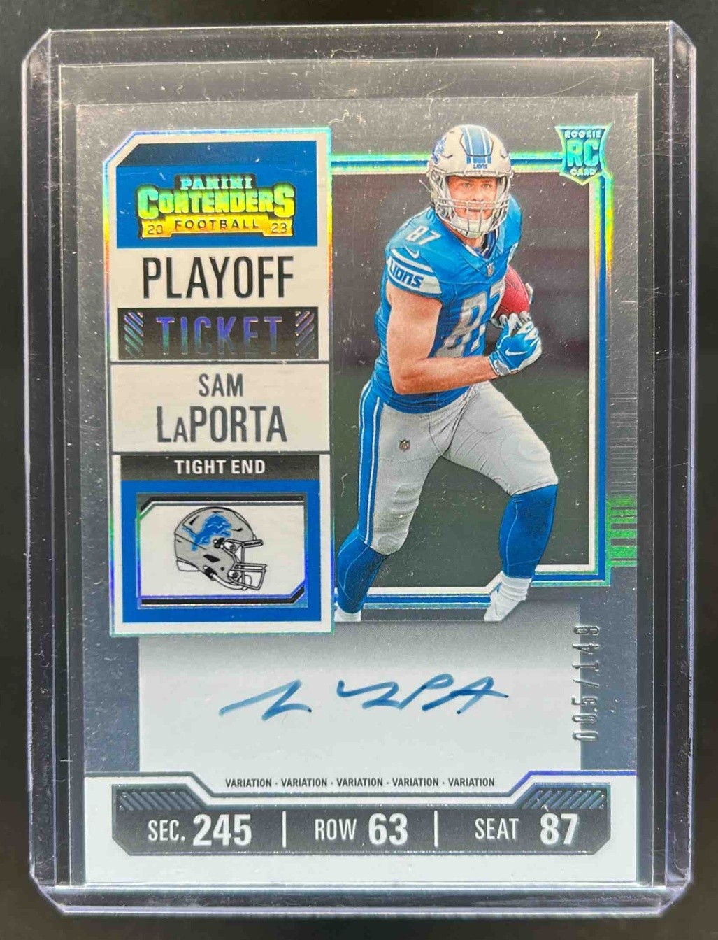 2023 Contenders Sam LaPorta RC Playoff Ticket Rookie Auto #5/149 Lions