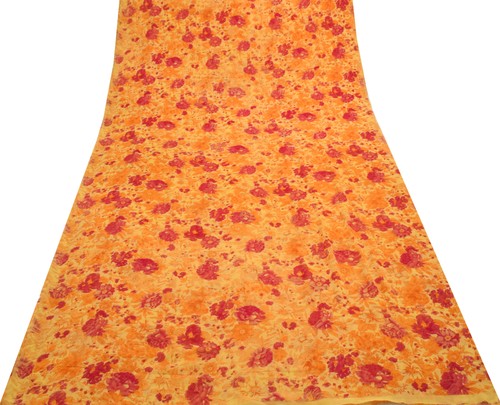 Sushila Vintage Yellow Saree 100%Pure Georgette Silk Printed Floral Craft Fabric - Picture 1 of 9