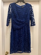 ADRIANNA PAPELL Cocktail Dress Womens 6 Navy Silk Lace Lined Zip Long Sleeves