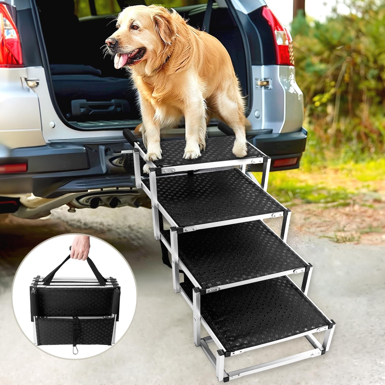 Foldable Dog Stairs with Non-Slip Surface - Portable Aluminum Dog Steps for T...