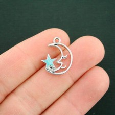 4 Moon Star Charms Silver Tone and Blue Enamel Bright and Fun - E559