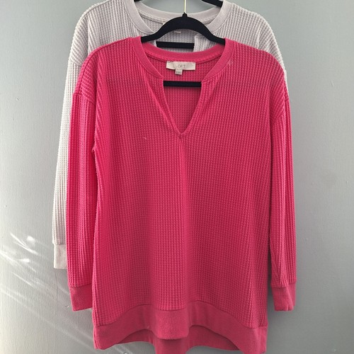 Loft Thermal Waffle Knit Shirts 2 Pc Lot Womans Med Gray Hot Pink Split Neck... - Picture 6 of 15