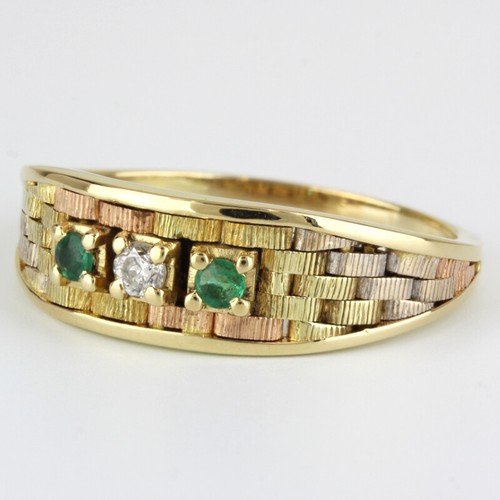 14k Tri-Tone Basketweave Ring mit Smaragden + Diamant - Bild 3 von 6