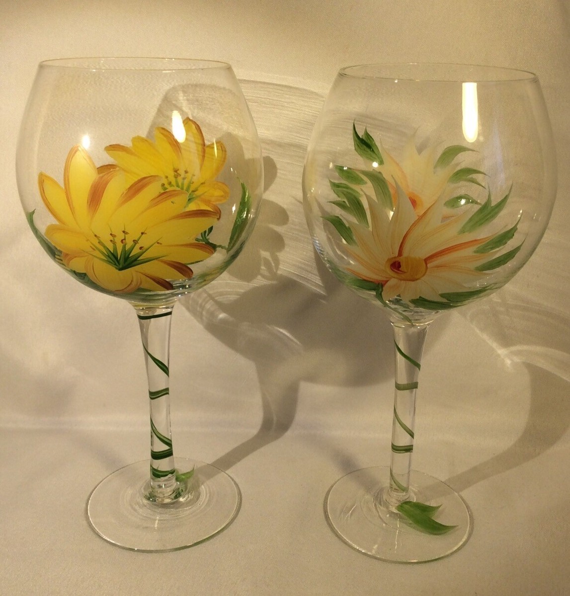 2 Beautiful Hand Painted Wine Glasses App. 9 Inches Tall | eBay