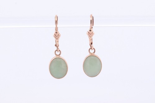14k Green Jade dangle earrings. Oval Bezel set Jade earrings. st(78) - Picture 1 of 5