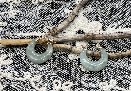 New 14K Genuine Jade Hoop Earrings - Picture 2 of 6