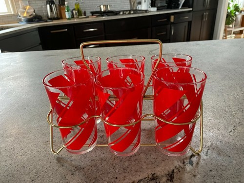 Vintage set of 6 red swirls mid-century modern with gold caddie - 第 1/7 張圖片